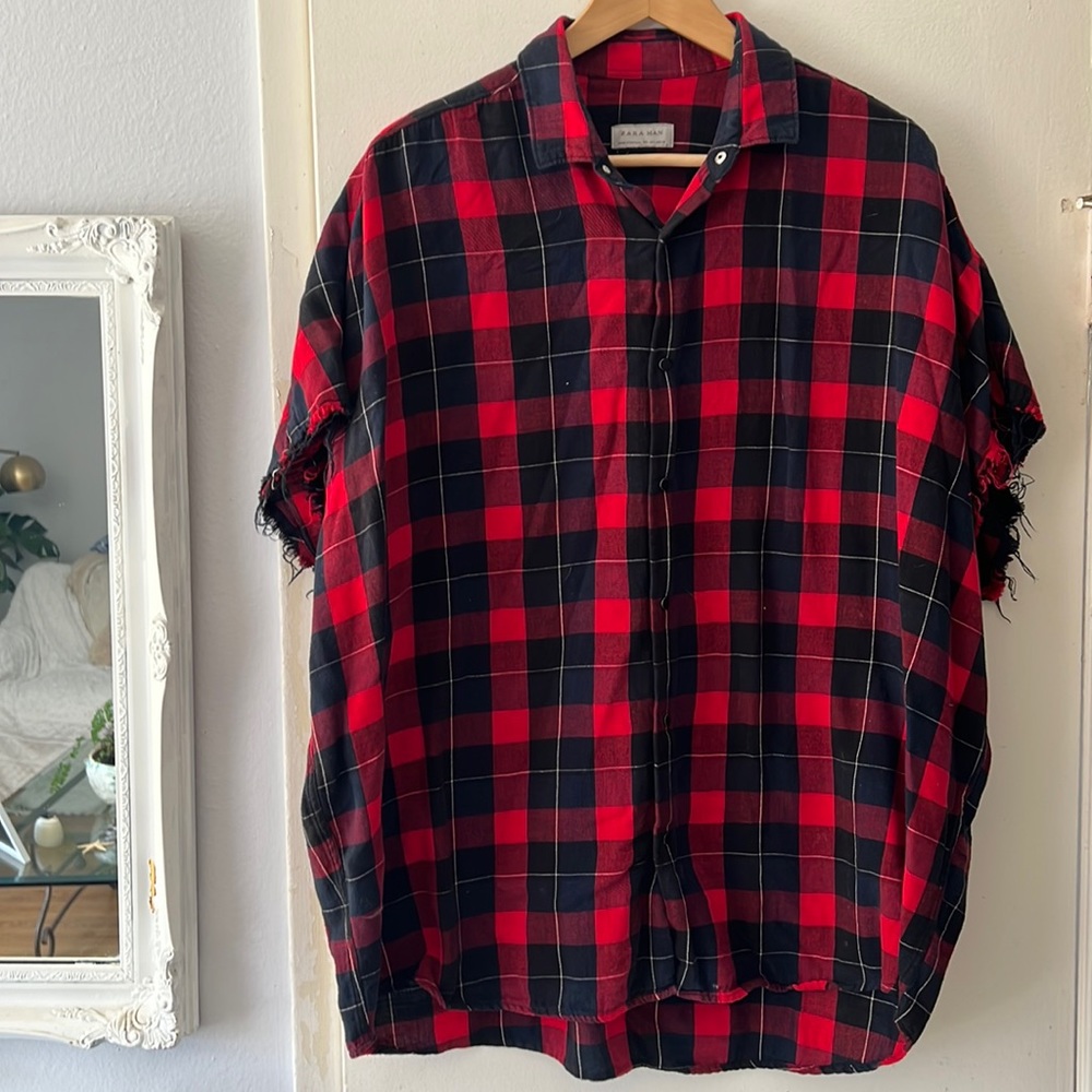 Zara red and black checkered flannel with frayed sleeves punk rock goth style L